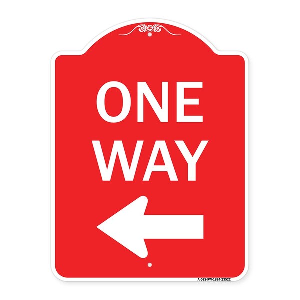 Designer Series Sign One Way Sign Left Arrow, Red & White Aluminum Sign, 18" x 24", RW-1824-23522